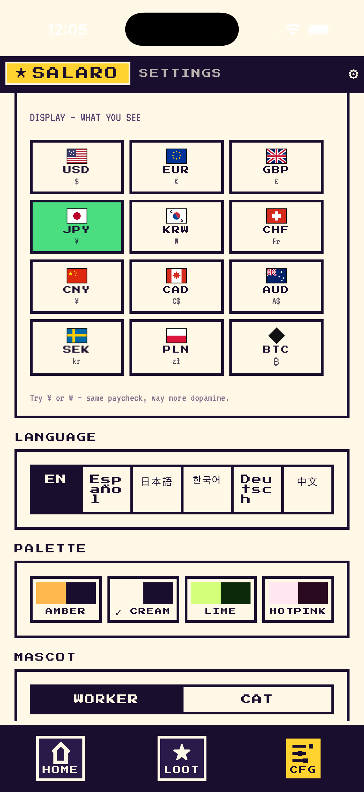Salaro currency and theme settings
